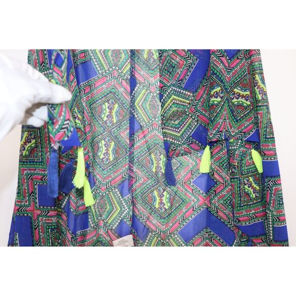 Blue Aztec Kimono Neon Tassels America & Beyond Lightweight Open Front Sz S Boho - Picture 4 of 8